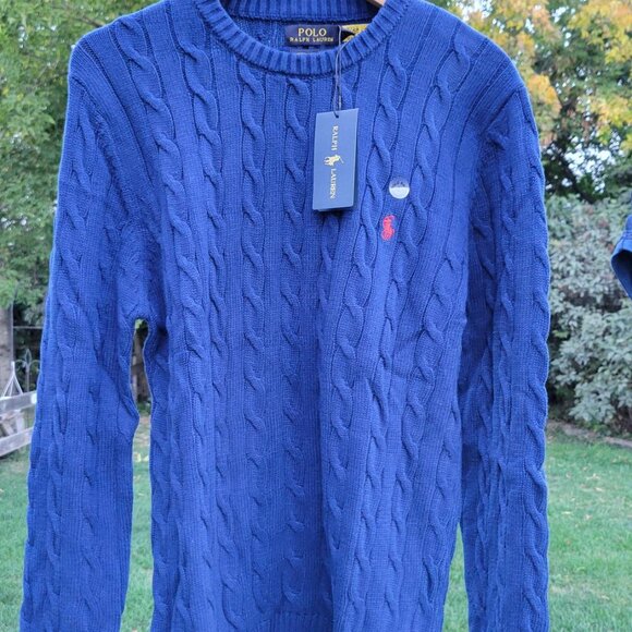 Authentic Blue Polo Ralph Lauren Cable Knit Sweater with Red Pony Size Large - Picture 1 of 16